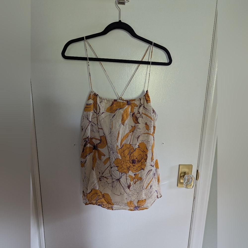Banana Republic Floral Linen Spaghetti Strap Top - Yellow and Cream
